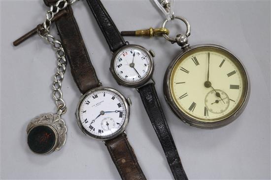 A late Victorian silver pocket watch, on silver albert with bloodstone fob and two silver wrist watches including J.W. Benson.